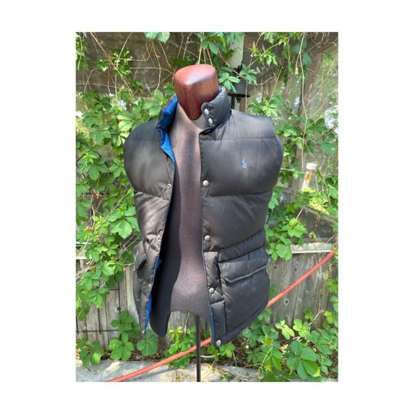 Vintage Polo Ralph Lauren Puffer Vest Black Blue Reversible Snap Closure - Picture 1 of 11